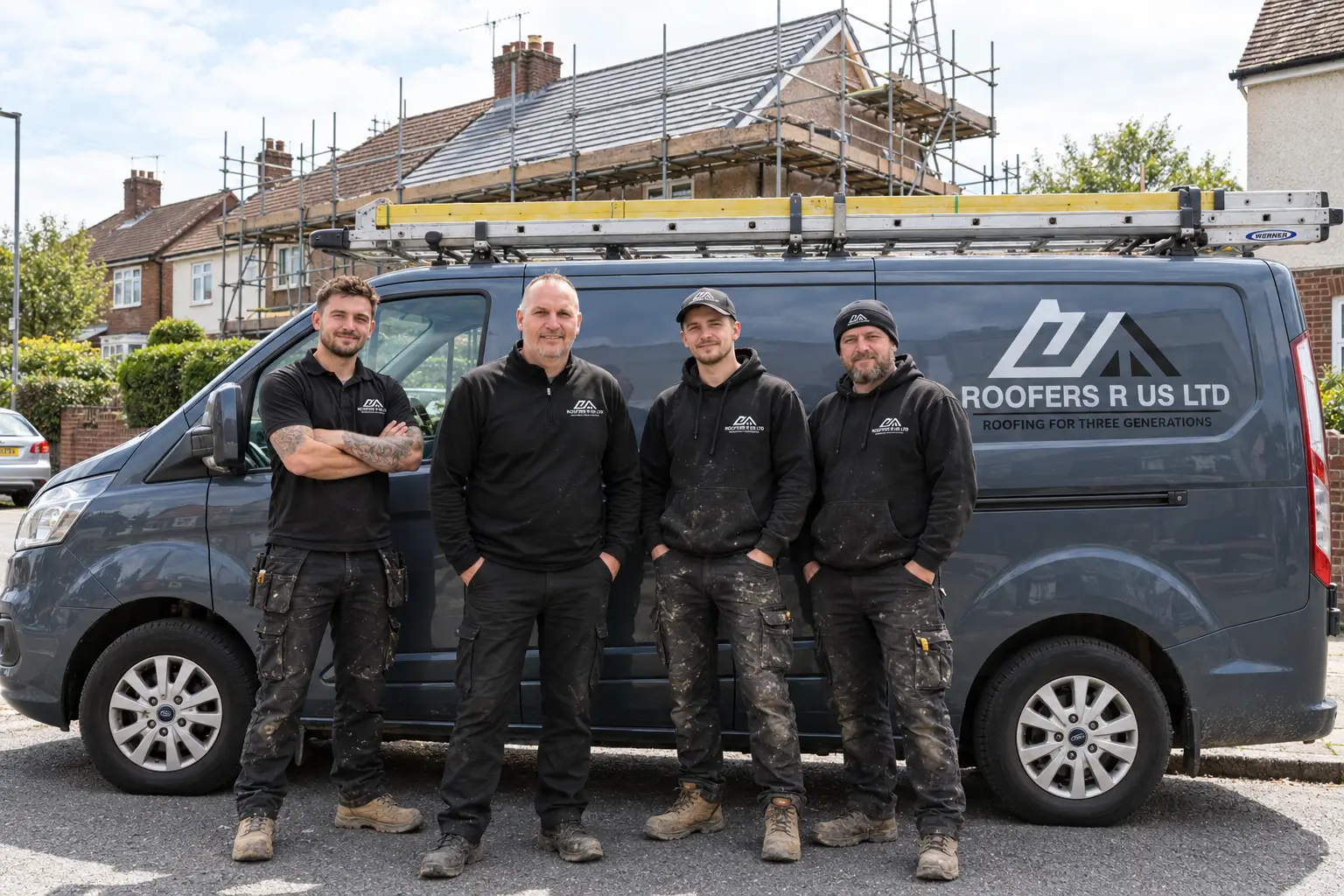 Four of the Roofers R Us team in branded workwear in front of the company van, with a scaffolded re-roof behind them